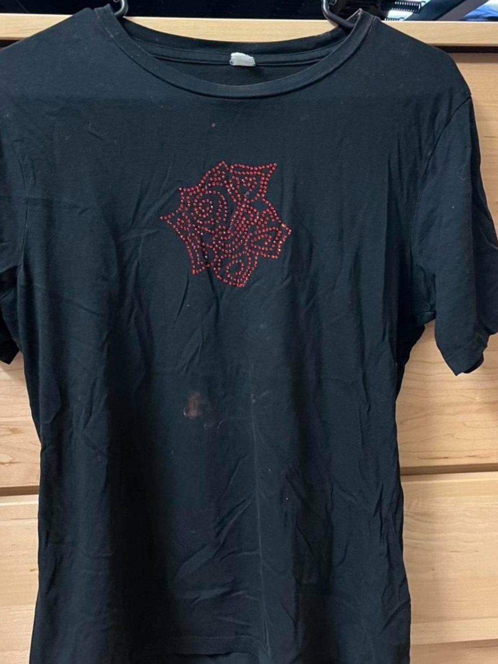 Black Short Sleeve Tee with Red Studded Floral Accent